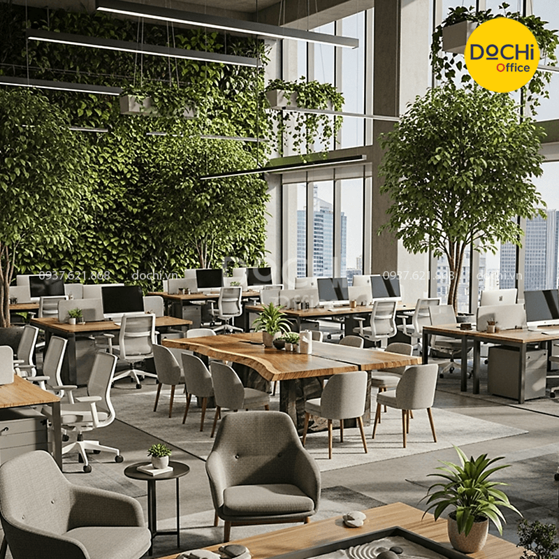 Thiết kế nội thất văn phòng theo không gian mở kết hợp yếu tố thiên nhiên