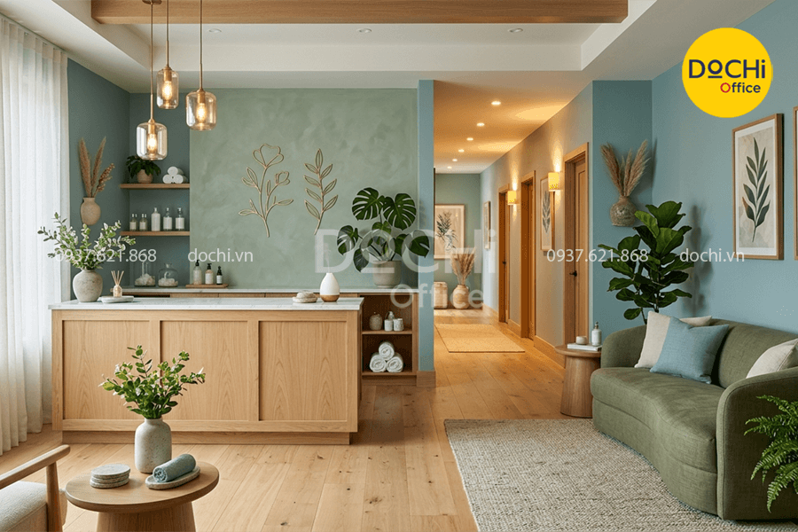 Mẫu thiết kế nội thất Spa màu xanh chủ đạo