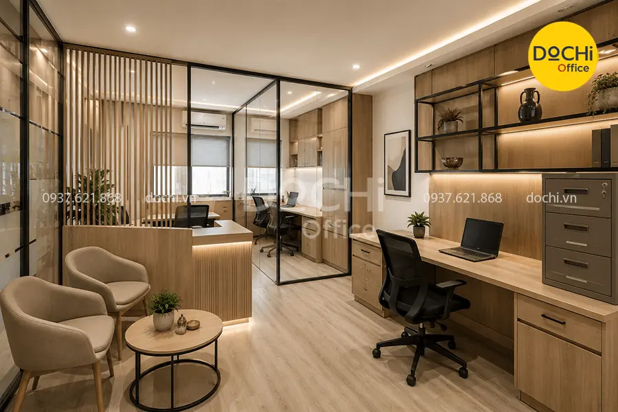 Mẫu nội thất văn phòng 30m2 sử dụng gỗ công nghiệp